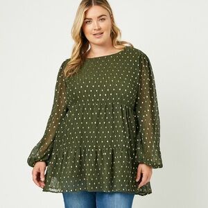 Hayden LA Hunter Green Metallic Dot Tiered Tunic Top Sz 1X